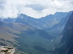 Панорамный вид на долину реки Юнгур с перевала Юнгур летом 2010 года