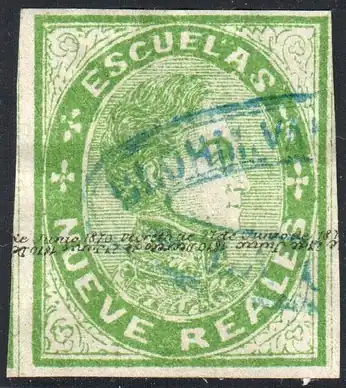Фискальная марка с надписью «Escuelas» («Школам»), которая использовалась также в почтовых целях в 1871—1873 годах(№ 26 по каталогу Форбена)[^]