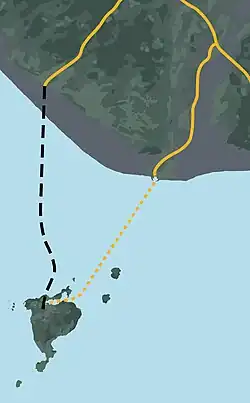 Возможный вариант расположения Вестманнаэйягёйнг (тоннель обозначен чёрным пунктиром, а существующая паромная переправа желтой линией)