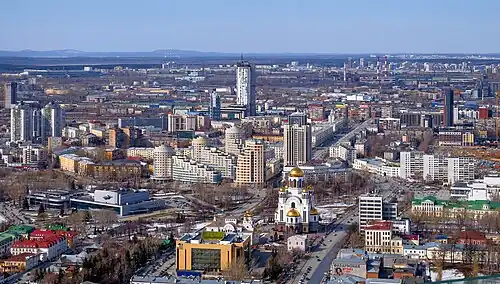 Вид со смотровой площадки Высоцкого, улица в центре снимка