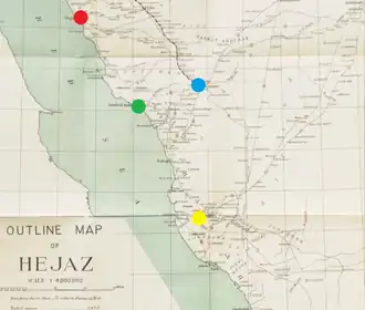 Современная британская карта Хиджаза показывающая местонахождение Ваджха (красный), Янбу (зеленый), Медины (синий) и Мекки (желтый).