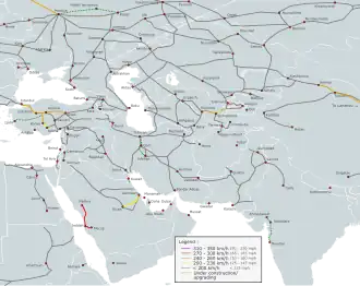Высокоскоростные магистрали Западной Азии 270−300 км/ч 240−260 км/ч 200−230 км/ч  <200 км/ч