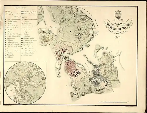 Шведоязычный план Выборга 1839 года. Магистраль, проходящая через центр города и Петербургский форштадт — St. Peterburgska gatan