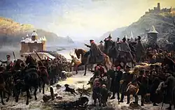 Армия фельдмаршала Блюхера в 1814 году переходит на французский берег Рейна у крепости Пфальцграфенштайн. Музей Среднего Рейна, Кобленц.