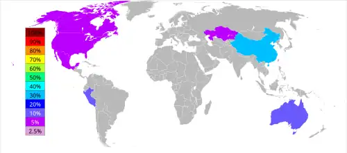 Worldmap reviealing that about 40 % of zinc is produced in China, 20 % in Australia, 20 % in Peru, and 5 % in US, Canada and Kazakhstan each.