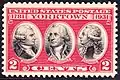 Марка США, выпущенная к 150-летию осады Йорктауна, с изображением Жан-Батиста Рошамбо, Джорджа Вашингтона, Франсуа де Грасса
