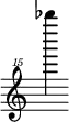 { \new Staff \with { \remove "Time_signature_engraver"} {\clef "treble^15" bes''''''4}}