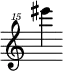 { \new Staff \with { \remove "Time_signature_engraver"} {\clef "treble^15" eis'''''4}}
