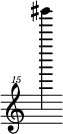 { \new Staff \with { \remove "Time_signature_engraver"} {\clef "treble^15" bis'''''''4}}