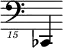 { \new Staff \with { \remove "Time_signature_engraver"} {\clef "bass_15" ces,,,4}}