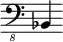 { \new Staff \with { \remove "Time_signature_engraver"} {\clef "bass_8" bes,,4}}
