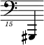 { \new Staff \with { \remove "Time_signature_engraver"} {\clef "bass_15" gis,,,,4}}