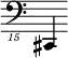 { \new Staff \with { \remove "Time_signature_engraver"} {\clef "bass_15" cis,,,4}}