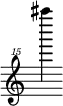 { \new Staff \with { \remove "Time_signature_engraver"} {\clef "treble^15" ais''''''4}}