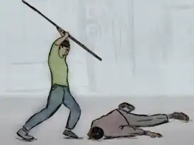 Иллюстрация члена военизированной группировки Los Halcones, избивающего бамбуковой палкой демонстранта, упавшего на землю, во время репрессий 10 июня 1971 года в Мехико.